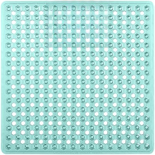 Patented Square Shower Stall Mat, Small Bathtub Floor Mats for Stand Up Showers with Suction Cups and Drainage Holes, Machine Wash, Soft on Feet, Bathroom Accessories 21x21 Inch, Green