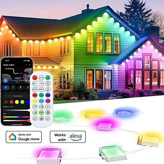 FONTU Outdoor Eave Fence Lights RGB Magic Color, Waterproof, TUYA Control, Music Sync, Patented Design, LED, 60W, Timer, 100 ft Cord