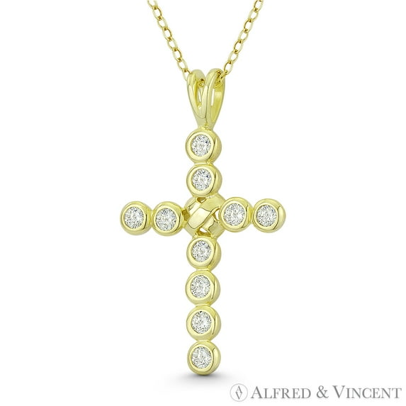 Paternoster Cross Cubic Zirconia CZ Crystal Bezel & "X" Rope 36x21mm (1.4x0.8in) Pendant & Chain Necklace in .925 Sterling Silver w/ 14k Yellow Gold