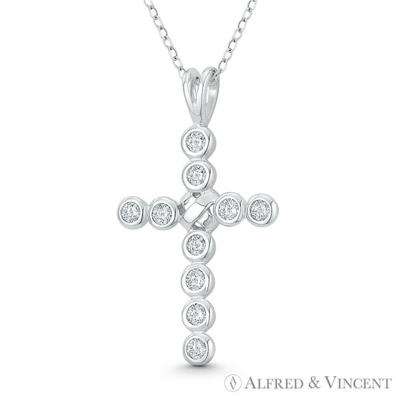 Paternoster Cross Cubic Zirconia CZ Crystal Bezel & "X" Rope 36x21mm (1.4x0.8in) Pendant & Chain Necklace in .925 Sterling Silver w/ Rhodium