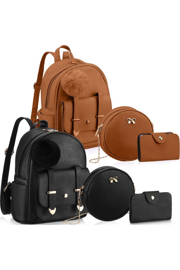 6 Pcs Mini PU Leather Backpack Purse Set Back to School Women Gifts Fashion Mini Pompom Backpack Cross Body Wallet(Black, Brown) Y101