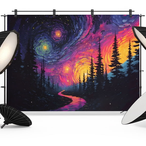 Path Forest Backdrops for Photography, Dreamy Abstract Starry Sky Impressionist Fabric Photo Background Sturdy Studio Props for Photo Studio, Video Recording, Booth & Photoshoot 7x5ft