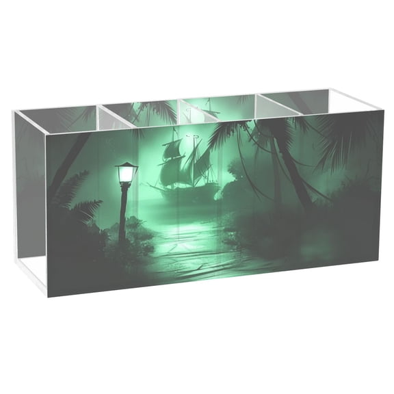Path Leading To Boat in Fog Acrylic Pencil Pen Holder Cup 4 Compartments Desktop Organiser 7.87"x2.78"x3.54"
