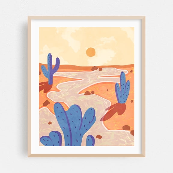 Path Through the Painted Desert - India Illustration Desert Cactus Abstract Landscape Pastel Surrealism Minimalist Oak Framed Wall Art Print 18 x 24 inches