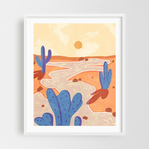 Path Through the Painted Desert - India Illustration Desert Cactus Abstract Landscape Pastel Surrealism Minimalist White Framed Wall Art Print 8 x 10 inches