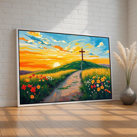 Path to the Cross, Vibrant Christian Wall, Faith and Flowers, Inspirational Sunset Hill Scene, Wall Art