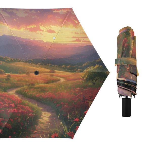 Path with Fields Compact Sun Umbrella Windproof Travel Umbrellas for Rain Strong Portable UV Protection
