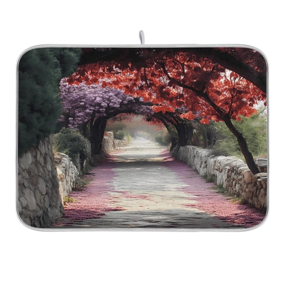 Path with Trees and Flowers Dish Drying Mat 16x18 Absorbent Microfiber Draining Rack Pad for Kitchen Counter Sink