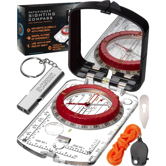 Pathfinder Sighting Compass - Precise Navigation, Hiking and Orienteering Mirror Compass with Luminous Bezel, Adjustable Declination, Clinometer, LED and Survival Whistle, Scout Gifts