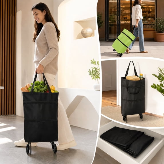 Pathside 2 in 1 Rolling Shopping Bag, Foldable Grocery Tote, Portable Cart with Detachable Wheels, Heavy Duty Oxford Cloth