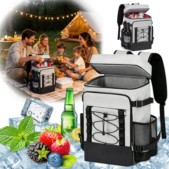 Pathside Thermal Picnic Backpack Cooler Bag, Insulated Double-Shoulder Ice Pack Compartment for Outdoor Camping, Gray