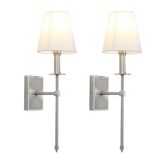 Pathson 2PCS Classic Wall Sconce with Flared White Textile Lamp Shade Brushed Stand for Bedroom Living Room