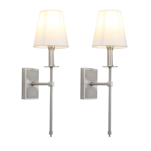 Pathson 2PCS Classic Wall Sconce with Flared White Textile Lamp Shade Brushed Stand for Bedroom Living Room