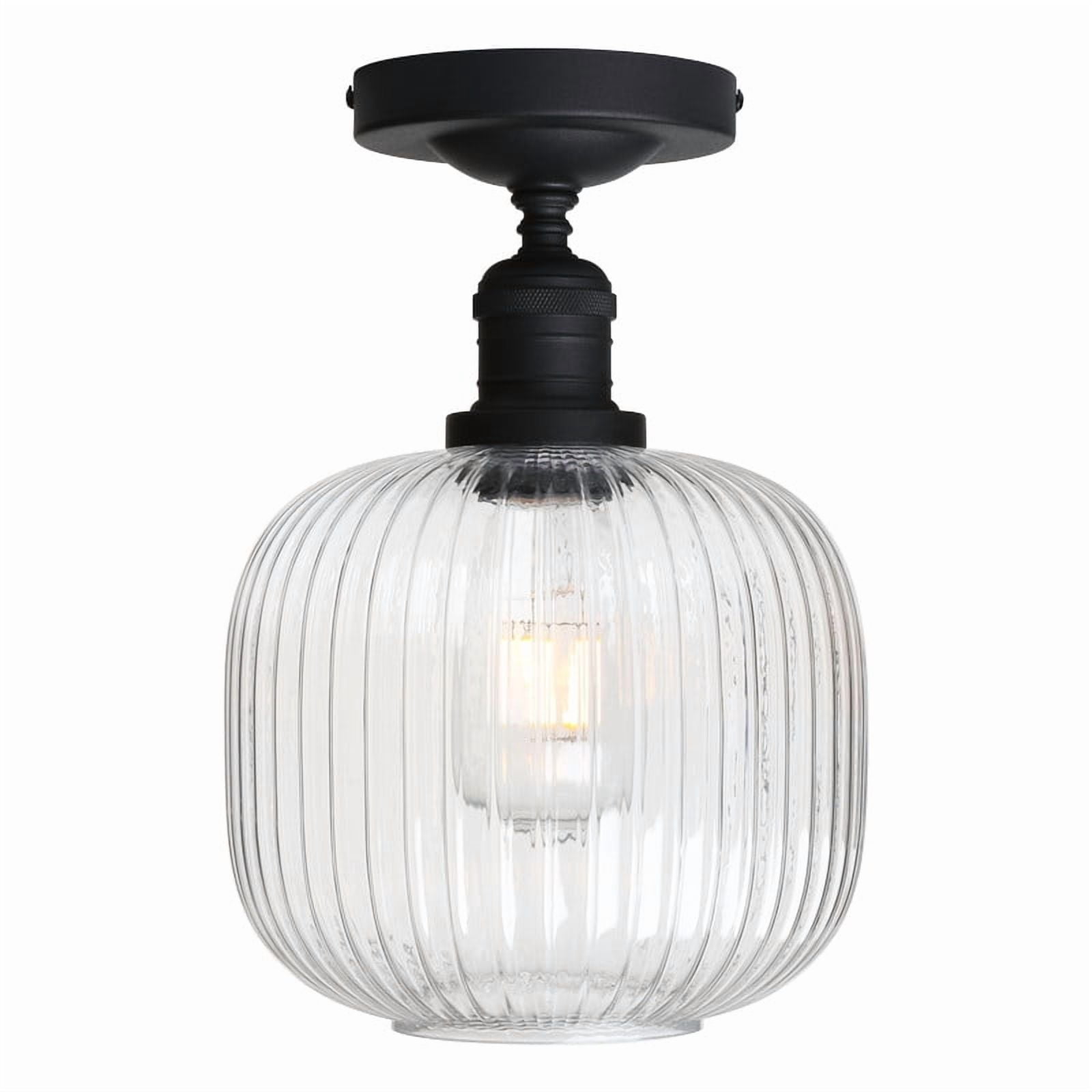 Pathson Industrial Semi Flush Mount Ceiling Light, Ribbed Clear Glass Lampshade Close to Ceiling Light for Living Room Dinning Room Kitchen Porch