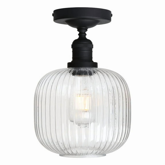 Pathson Industrial Semi Flush Mount Ceiling Light, Ribbed Clear Glass Lampshade Close to Ceiling Light for Living Room Dinning Room Kitchen Porch