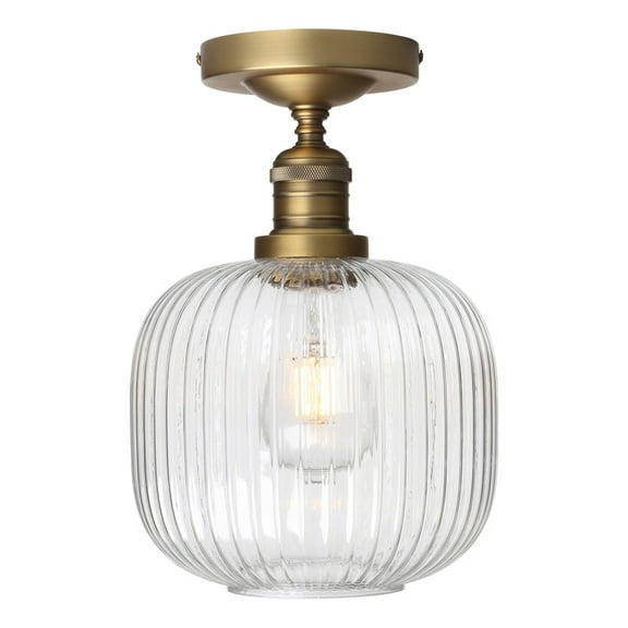 Pathson Industrial Semi Flush Mount Ceiling Light, Ribbed Clear Glass Lampshade Close to Ceiling Light for Living Room Dinning Room Kitchen Porch