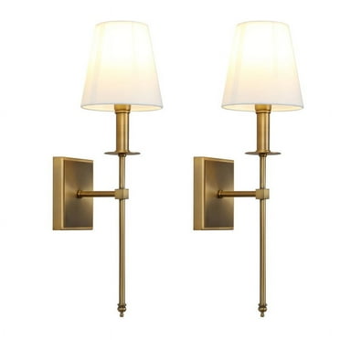 Pathson Set of 2 Classic Wall Sconce with Flared White Textile Lamp Shade Antique Brass Stand for Bedroom Living Room