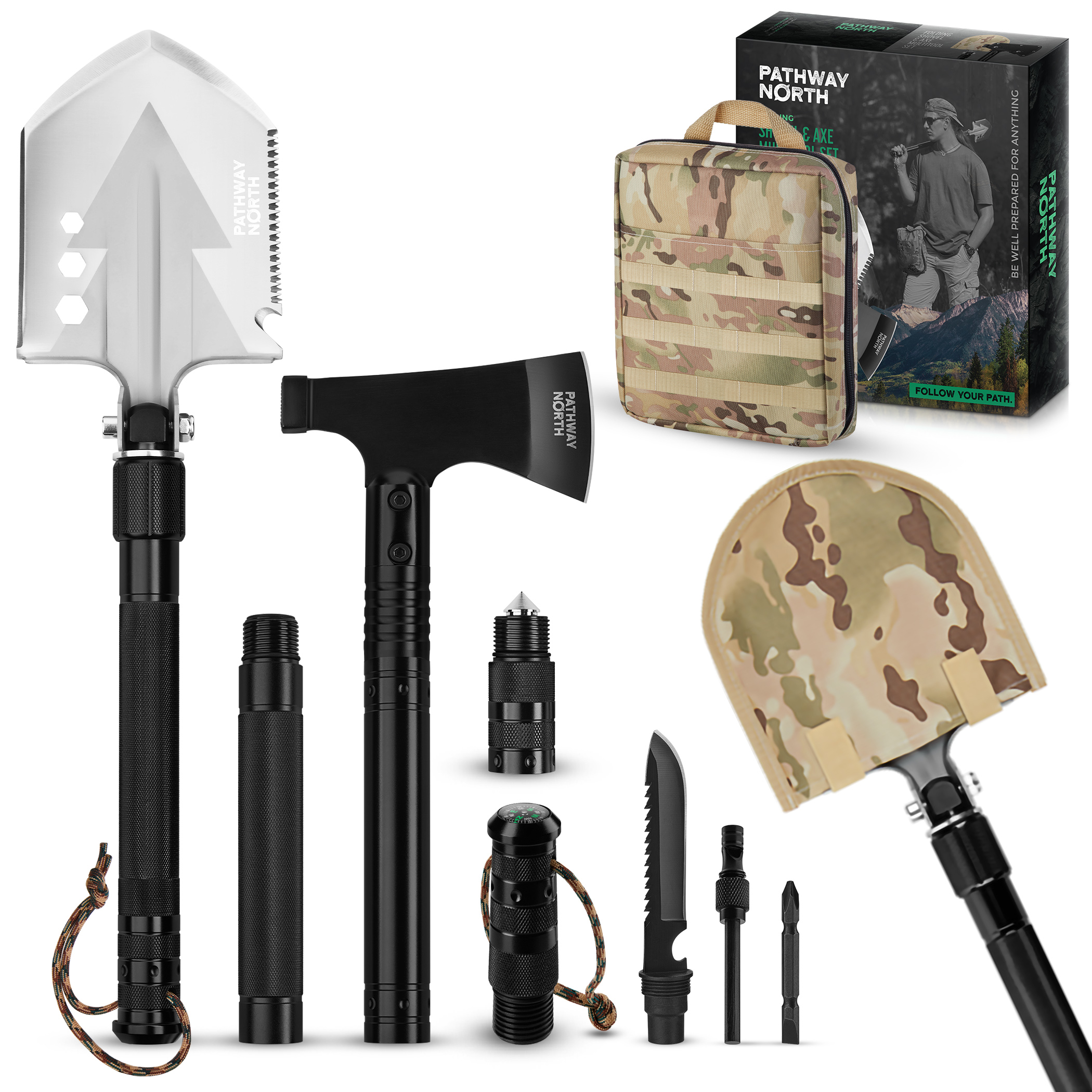Pathway North Survival Shovel and Camping Axe – Stainless Steel Tactical, Survival Multi-Tool and Survival Hatchet Equipment for Outdoor Hiking Camping Gear, Hunting, Backpacking Emergency Kit - image 1 of 8