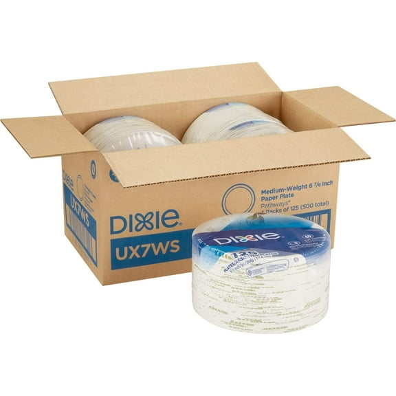 Pathways Soak-Proof Shield Mediumweight Paper Plates, WiseSize, 6.88" dia, Green/Burgundy, 500/Carton