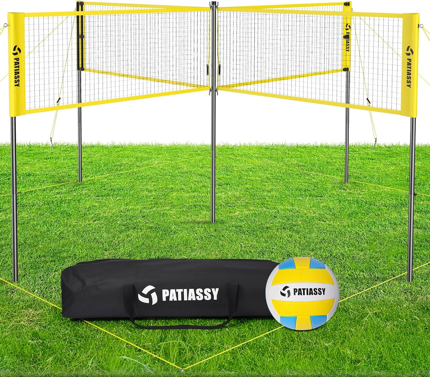 Patiassy 16FT 4 Square Volleyball Game Set with Adjustable Height, 4Way Volleyball/Badminton