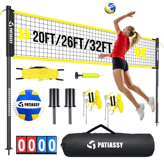 Patiassy 32/26/20FT Adjustable Height & Width Portable Volleyball Net Set with Rust-Resistant Steel Poles, Scoreboard, Ball & Carry Bag for Backyard