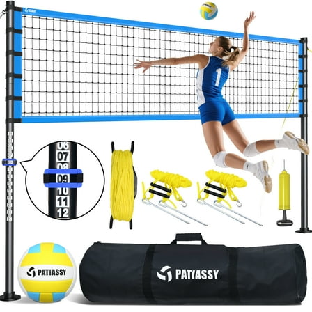 Patiassy 32FT Outdoor Portable Volleyball Net Set System for Backyard - Quick & Easy Setup Adjustable Height Steel Poles, PU Volleyball, Pump and Carrying Bag