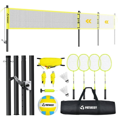 Patiassy 32ft, 26ft and 20ft Width and Height Adjustable Volleyball and Badminton Combo Set with Net, Winch System, 4 Badminton Rackets, 2 Goose Feather Shuttlecocks and Volleyball