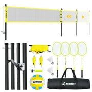 Patiassy 32ft, 26ft and 20ft Width and Height Adjustable Volleyball and Badminton Combo Set with Net, Winch System, 4 Badminton Rackets, 2 Goose Feather Shuttlecocks and Volleyball for Backyards