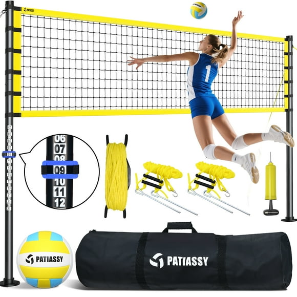 Patiassy 32ft Outdoor Portable Volleyball Net Set System - Adjustable Height Steel Poles, PU Volleyball with Pump and Carrying Bag for Beach Backyard