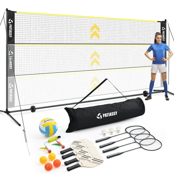 Patiassy 5.1ft-7.4ft Adjustable Height Volleyball Badminton Pickleball Net Set with Poles, 4 Rackets, 3 Shuttlecocks, 4 Pickleball Paddles , and Volleyball