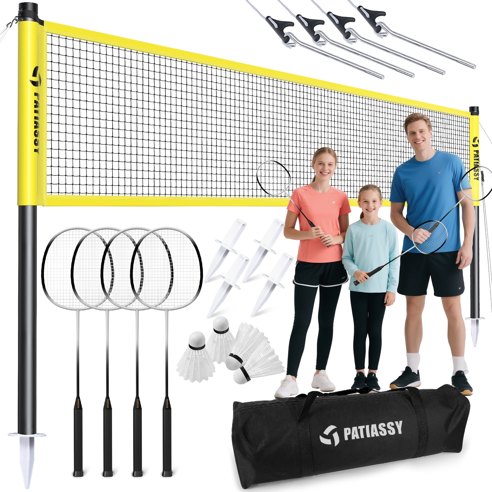 Patiassy Badminton Set with Grip Handle Portable Net 4 Rackets, Shuttlecocks, and Carrying Bag