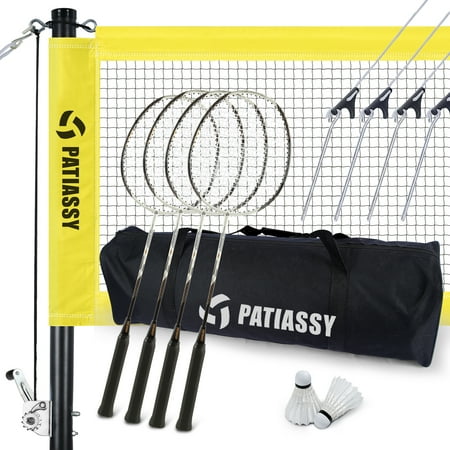 Patiassy Badminton Sets, Badminton Nets with Winch System, 4 Badminton Rackets, 2 Goose Feather Shuttlecocks and Carrying Bag, Yellow Clearance