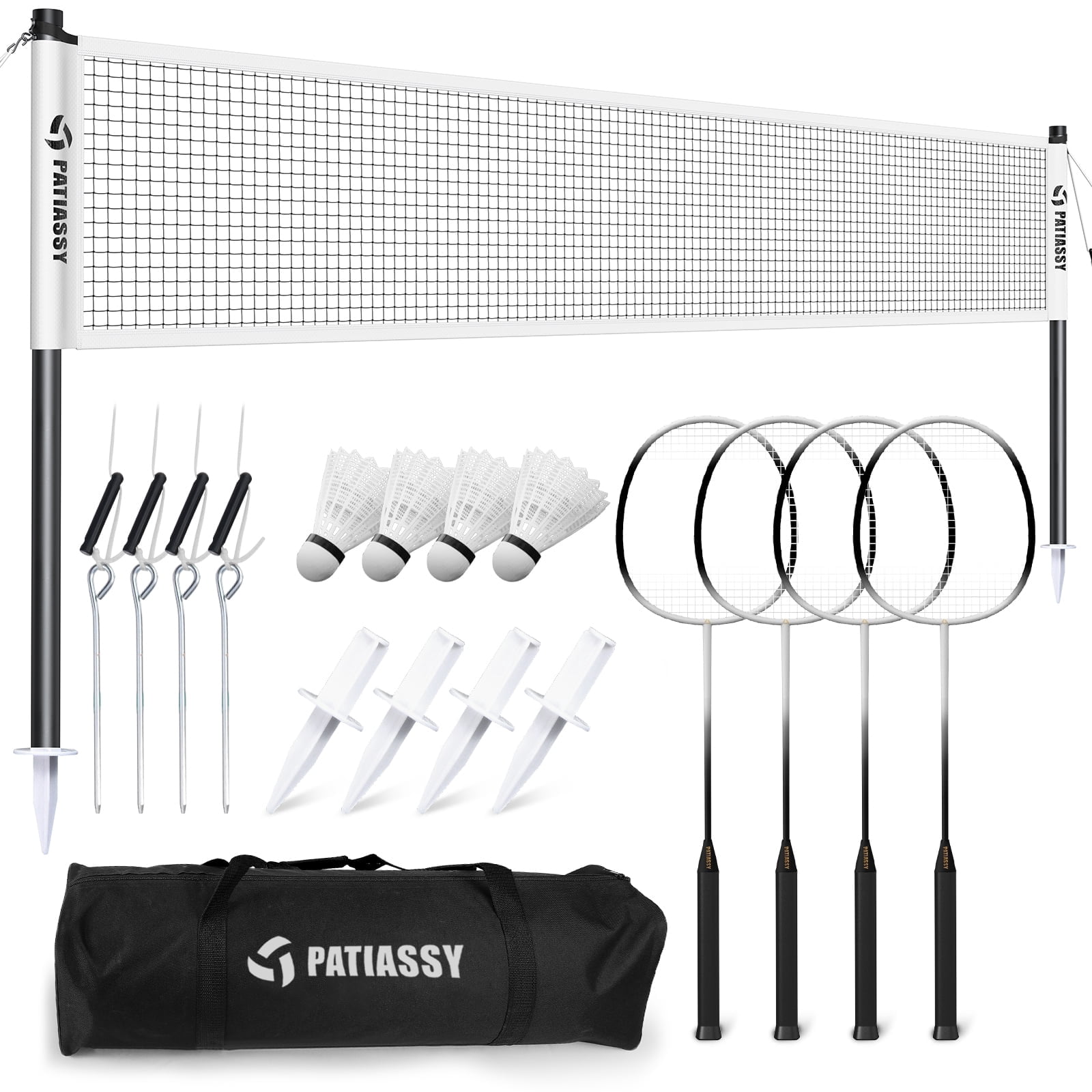 Patiassy Badminton Set with Net for Backyard, 4 Rackets, Portable Easy Setup, Anti-Sag Net System, Outdoor Family Game Kit with Carrying Bag
