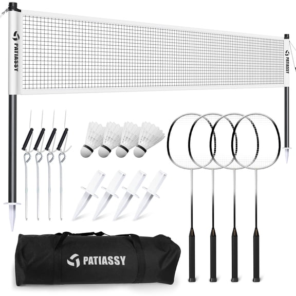 Patiassy Badminton Set with Net for Backyard, 4 Rackets, Portable Easy Setup, Anti-Sag Net System, Outdoor Family Game Kit with Carrying Bag