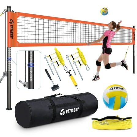 Patiassy Heavy Duty Professional Portable Volleyball Net for Backyard Outdoor with Adjustable Aluminum Poles Winch System Steel Stakes Anti-Sag Design Pump and 1680D Carry Bag for Beach Grass