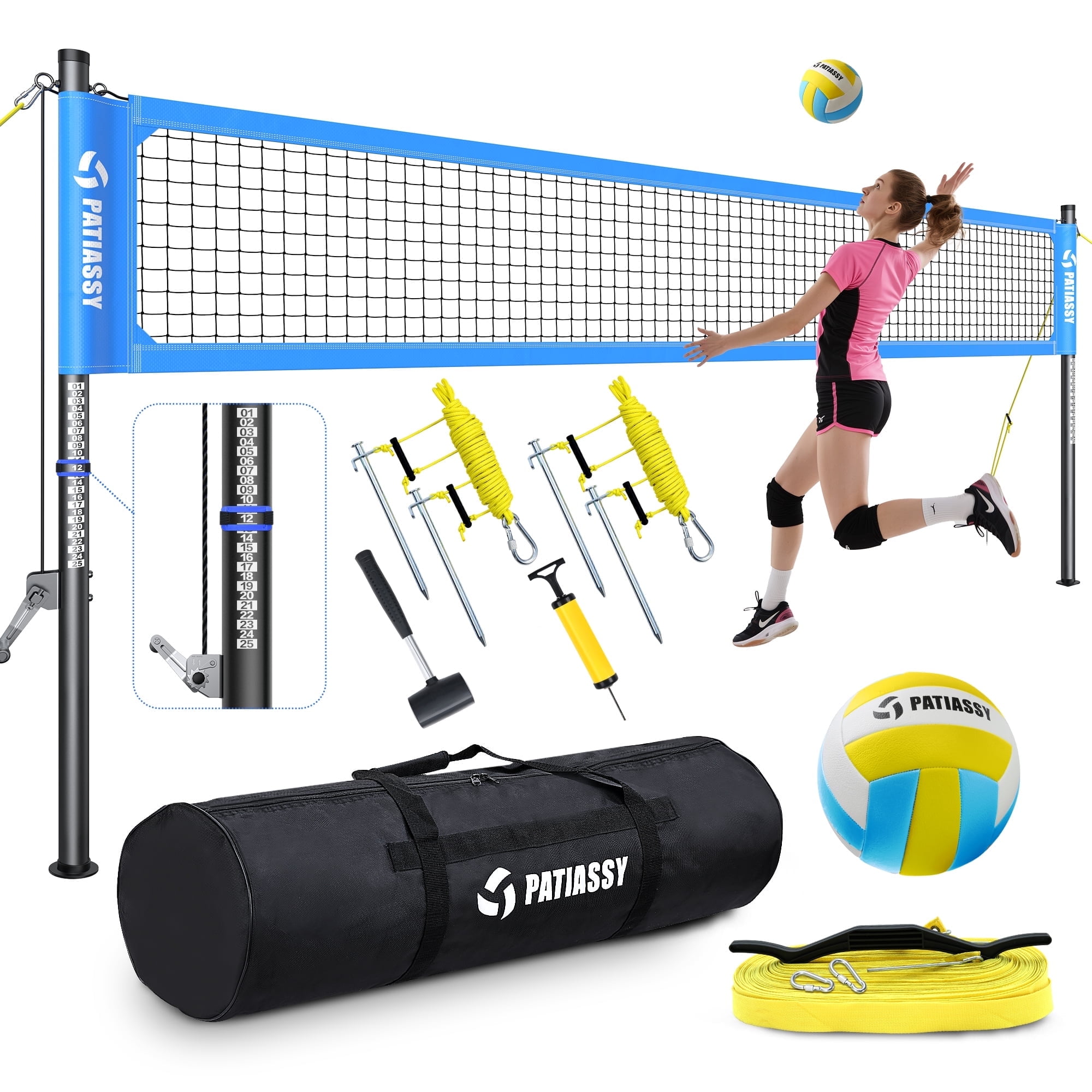Patiassy Portable Professional Outdoor Volleyball Net Set for Backyard Beach with Adjustable Height Aluminum Poles, Winch System, Volleyball with Pump