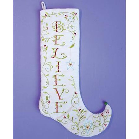 28" White and Green Embroidered Christmas Stocking