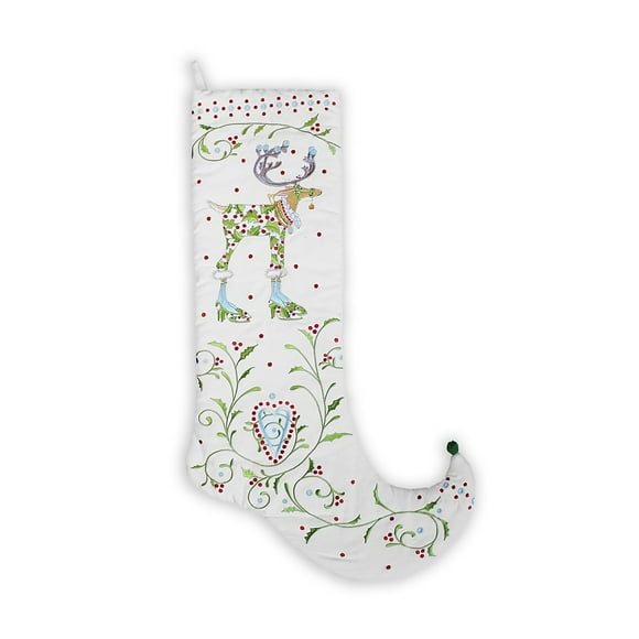 Patience Brewster 28" White and Green Reindeer Embroidered Christmas Stocking