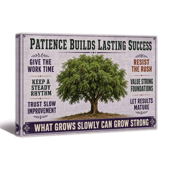 Patience Builds Final Success Canvas Wall Art Inspiring Quote Picture Print, Positive Retro Artwork Affirming Tree Painting for Home Living Room Bedroom Office Decor