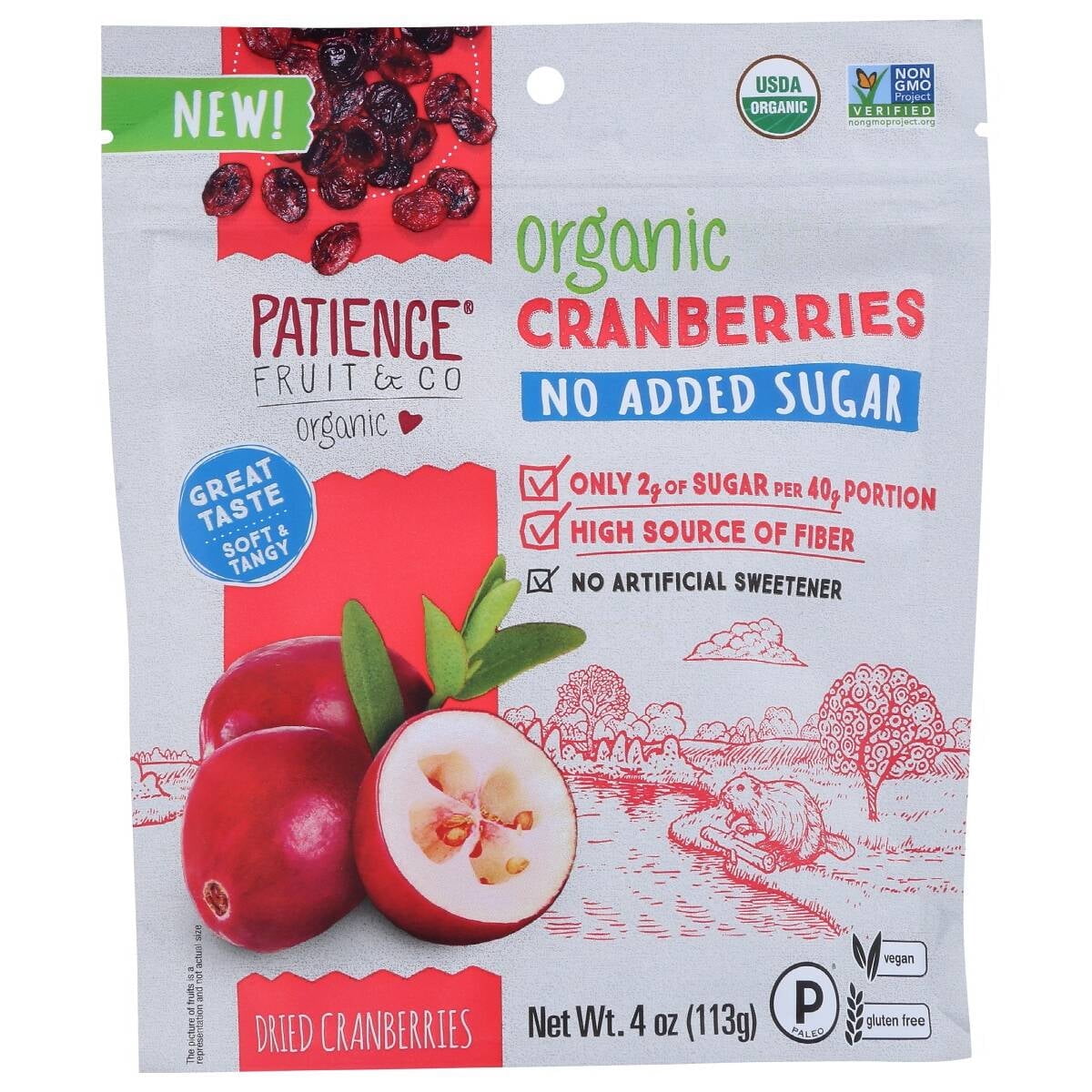 Patience Fruit & Co: No Added Sugar Organic Dried Cranberries, 4 Oz