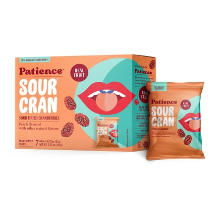 Patience SourCran Dried Cranberry Fruit Snack, Peach Flavor, 0.75 oz Pouch, 7 Count