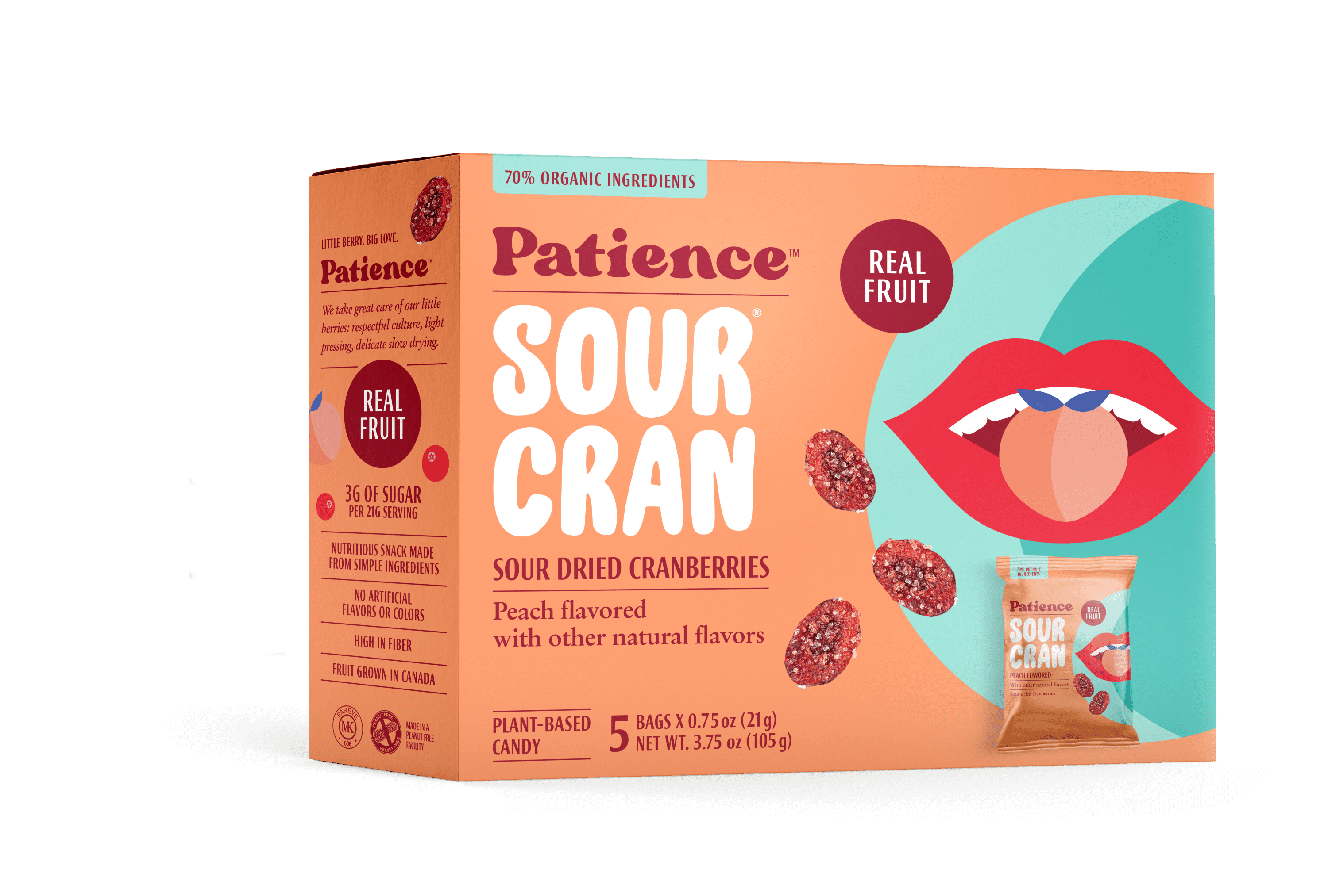 Patience SourCran Dried Cranberry Fruit Snack, Peach Flavor, .75 oz, 5 Count