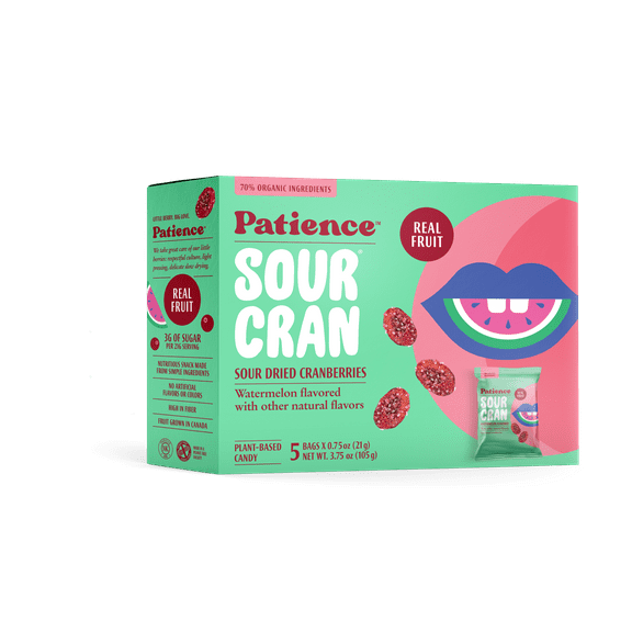 Patience SourCran Dried Cranberry Fruit Snack, Watermelon Flavor, .75 oz, 5 Count