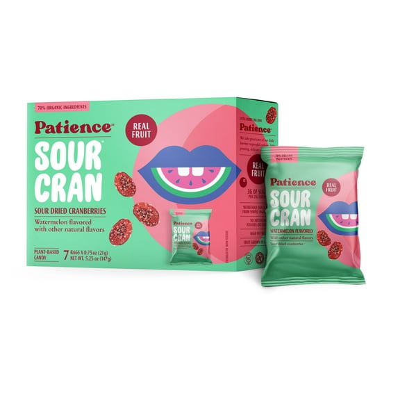 Patience SourCran Dried Cranberry Fruit Snack, Watermelon Flavor, 0.75 oz Pouch, 7 Count