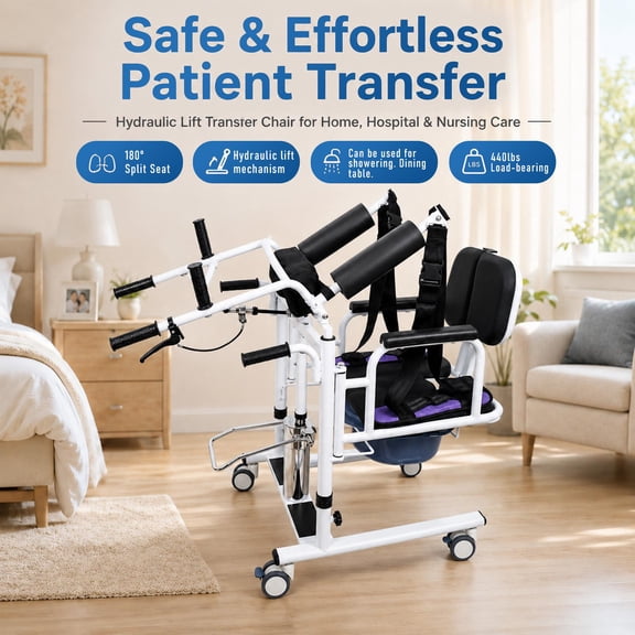Patient Lift Transfer Chair 5 in 1 Sit to Stand Lift Chair with 180 Split Seat,Height Adjustable Standing Patient Lift with 4 Casters for Home Seniors