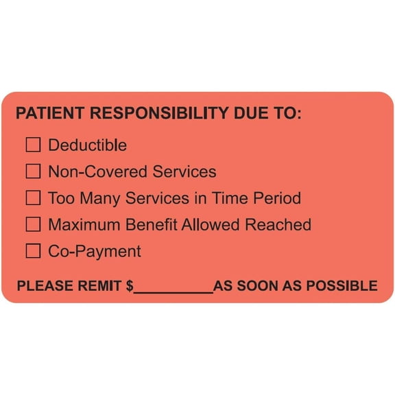 Patient Responsibility Billing Label, Fluorescent Red, 3-1/4 x 1-3/4, , Insurance Balance Clarification Stickers, Permanent Adhesive, 250 Stickers/Box