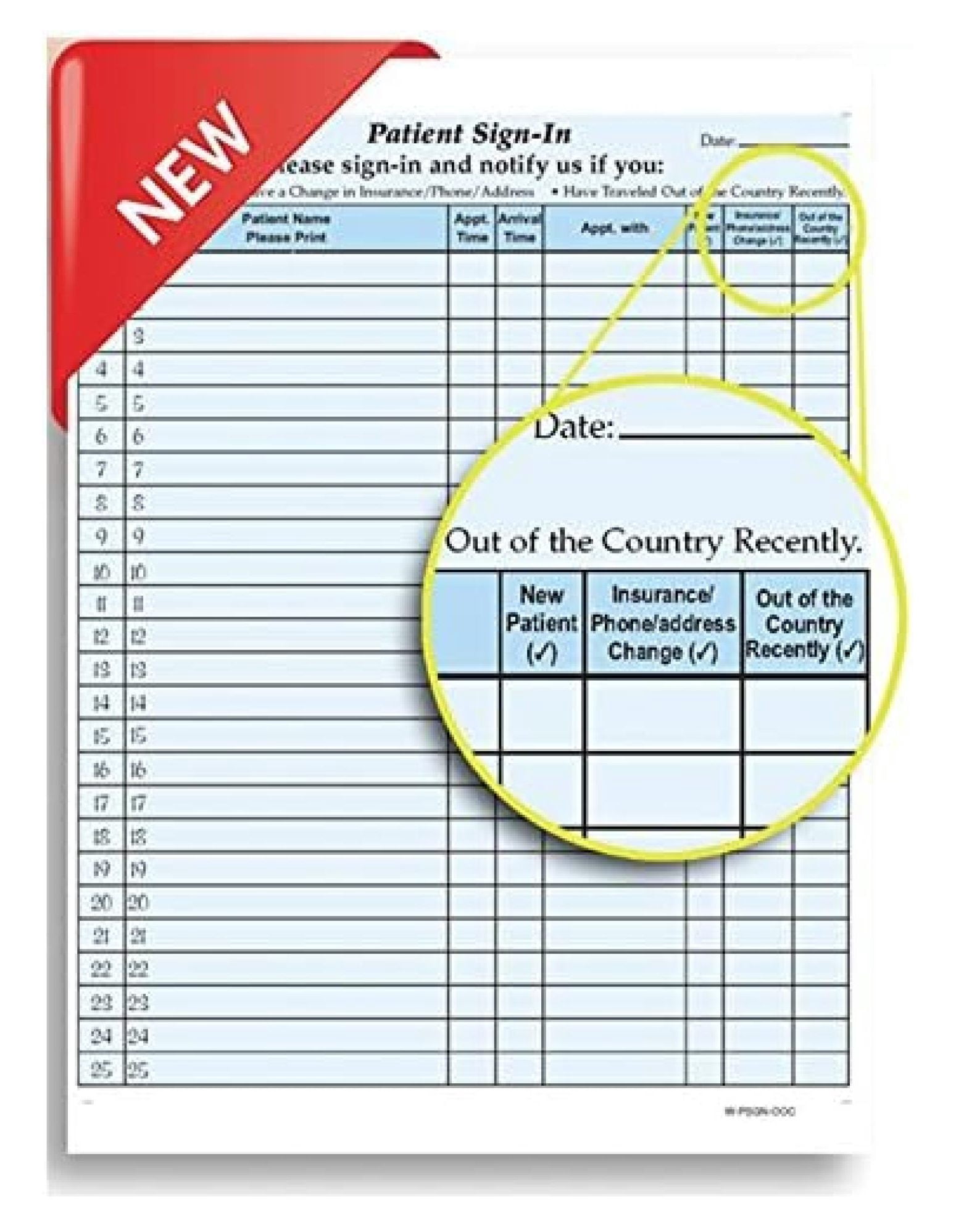 Patient Signin Sheets, 81/2" X 11" (Blue) Out of the Country Check