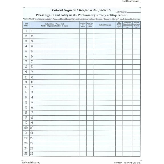 Patient Sign-in Sheets, Bilingual 8-1/2" X 11" (Blue) Carbonless Form (Lot of 250 Sheets) HIPAA Compliant