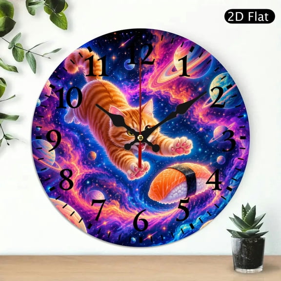 Patifu 10 Inch Galaxy Cat Sushi Wall Clock Silent Mechanical Movement Durable Wood 10x10in