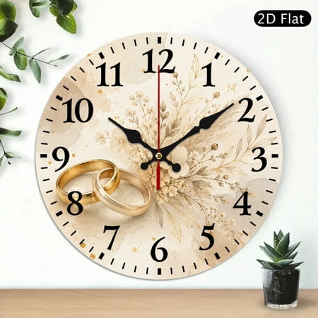 Patifu 10 Inch Wall Clock Gold Wedding Rings Dried Flowers Pampas Print Silent Sweep Movement 10x10in